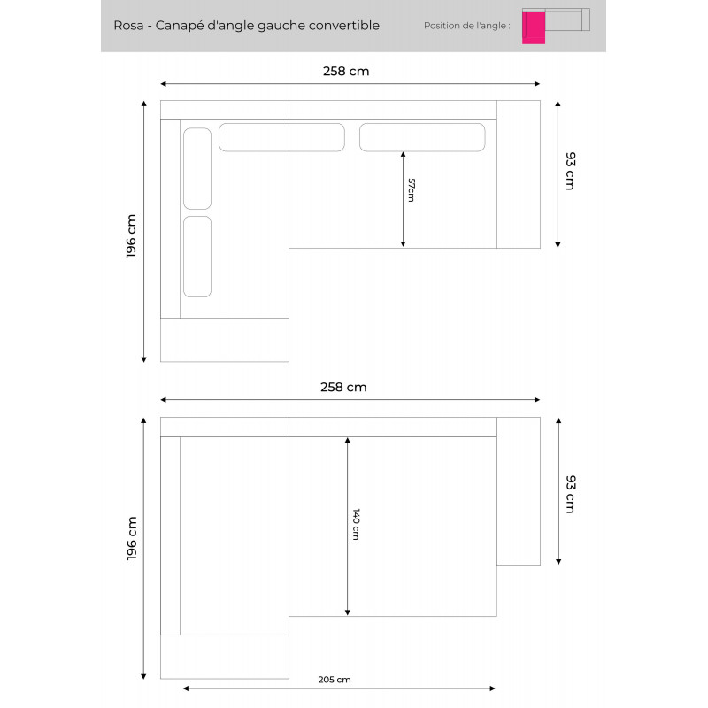 Les dimensions du canapé d'angle gauche Rosa