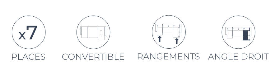Les fonctions pratiques du canapé d'angle droit panoramique : 7 places, fonction convertible, deux coffres de rangement.