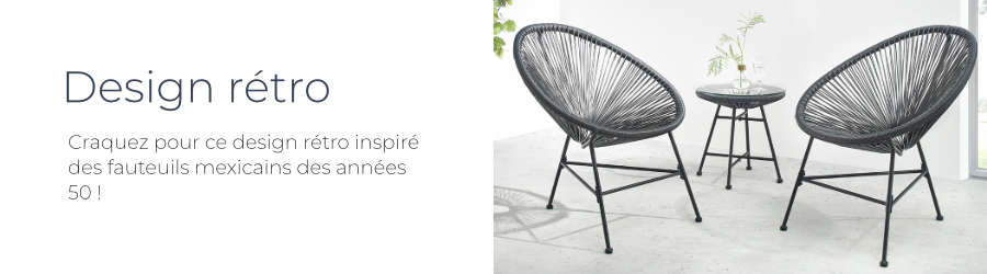 Le salon de jardin 2 places Pinto de Bobochic a un design rétro qui rappelle les fauteuils mexicains des années 50